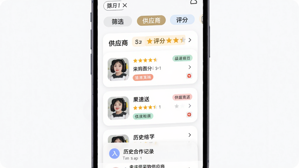 果速送采购软件供应商管理界面,画面为手机屏幕显示供应商列表与评分星级,顶部为筛选标签,中部为供应商卡片,底部为历史合作记录入口,风格为柔和圆角卡片式设计,细节包含评分星星与标签色块,画质高清,干净,无多余元素