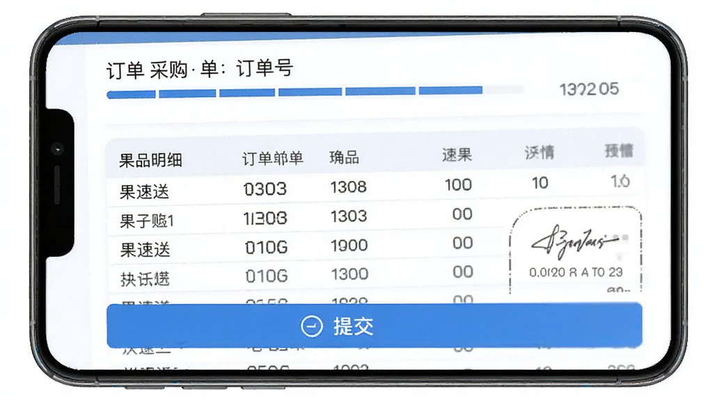 果速送采购软件无纸化采购流程界面,画面为手机屏幕显示电子采购单与流程进度条,顶部为订单编号,中部为果品明细表格,底部为确认提交按钮,风格为简约商务蓝白配色,细节包含电子签名区域与时间戳,画质高清,干净,无多余元素