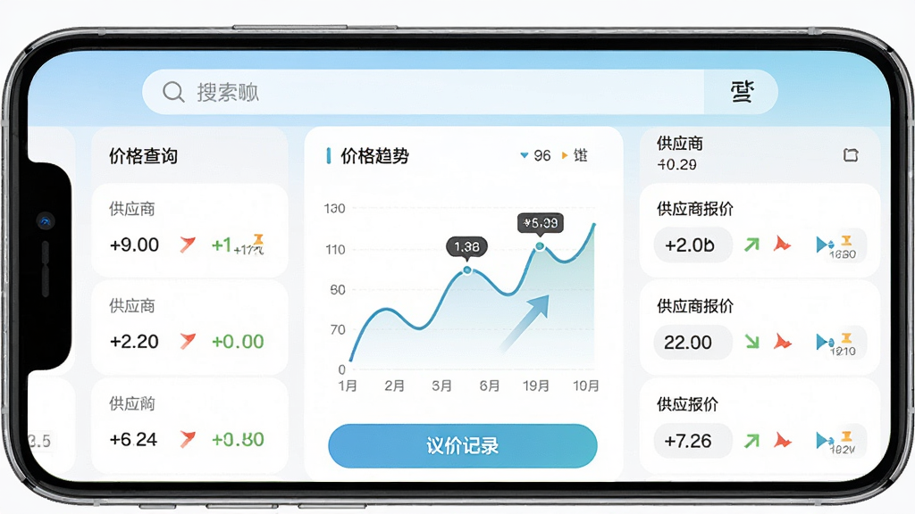 果速送采购软件行情查询与比价界面,画面为手机屏幕显示价格趋势图与供应商报价列表,顶部为搜索栏,中部为折线图,底部为议价记录按钮,风格为清新浅色商务风,细节包含价格标签与对比箭头,画质高清,干净,无多余元素