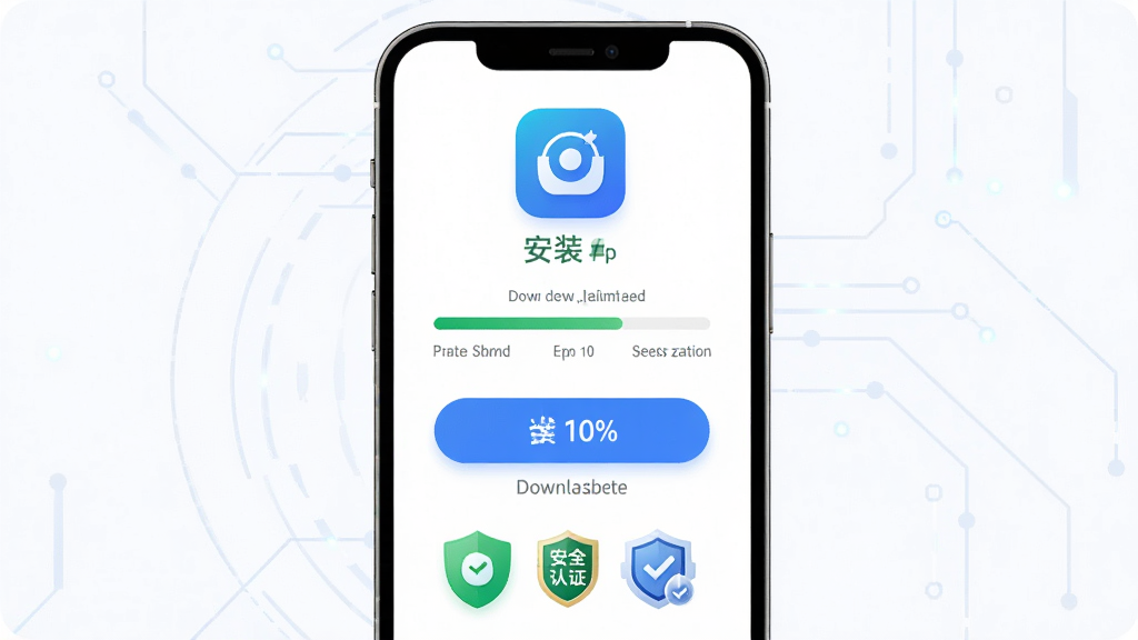 ��Զ�AI����APP��ȫ���ذ�װʾ��ͼ������Ϊ�ֻ���Ļ��ʾ���ؽ������Ͱ�װȷ�Ͻ��棬����Ϊ�ֻ�����չʾ���ذ�ť�Ͱ�װ��ʾ���Ű��Ϸ�Ϊ����ͼ���·�Ϊ��ȫ��֤��ʶ�����Ϊ�Ƽ��а�ȫ����������ƣ�ϸ�ڰ�����ɫ��ȫ����ͼ�ꡢ��ɫ���ذ�ť�������Ľ��Ȱٷֱȣ����ʸ��壬�ɾ����޶���Ԫ��