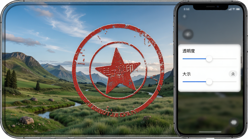 电子印章生成工具盖章效果展示,一张风景照片上盖有红色印章,印章带有轻微磨损做旧纹理,手机屏幕显示透明度和大小调节滑块,整体布局清晰,写实风格,细节丰富,画质干净,无多余元素