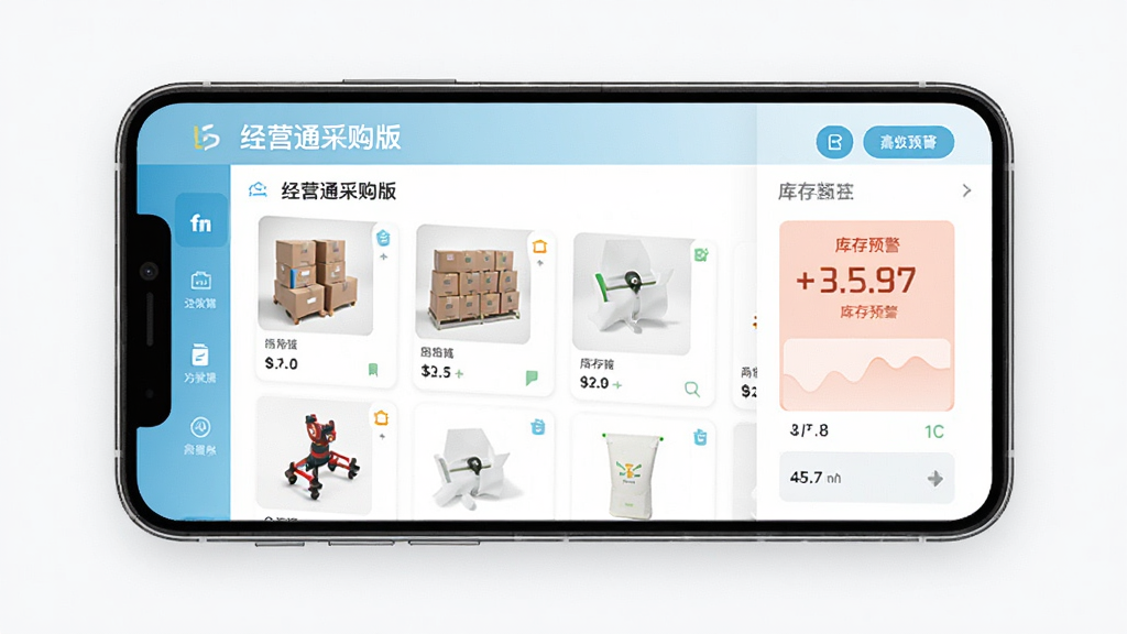 经营通采购版商品管理页面,主体为手机屏幕展示商品列表与库存预警,布局为上下结构,排版整齐,风格为清新简约风,细节包含商品图片与库存数字,画质高清干净无多余元素