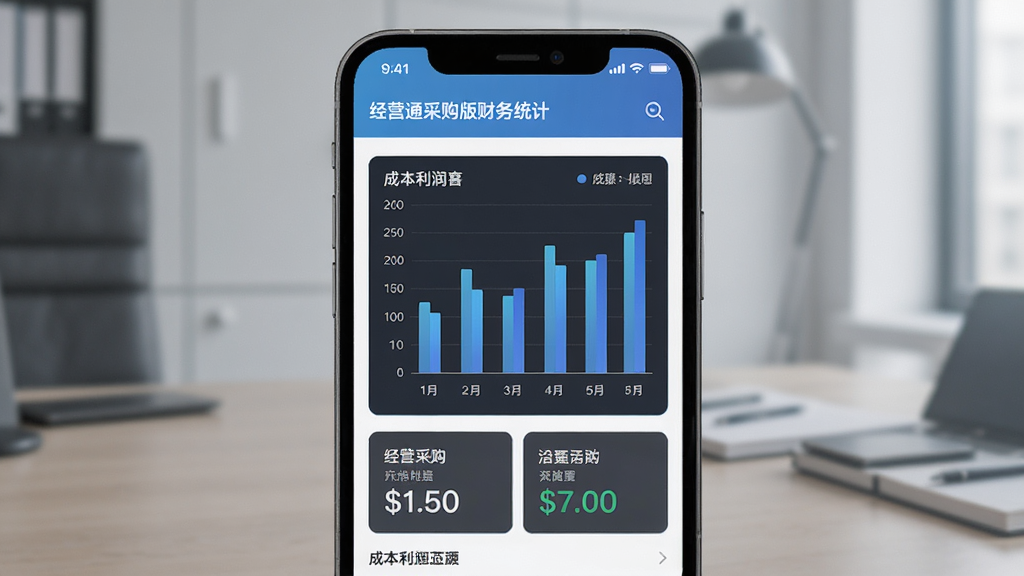 经营通采购版财务统计页面,主体为手机屏幕展示成本利润图表,布局为上下结构,排版清晰,风格为现代简约商务风,细节包含柱状图与数字指标,画质高清干净无多余元素