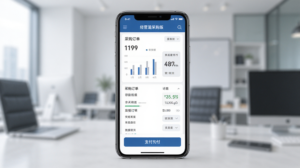 经营通采购版软件界面展示,主体为手机屏幕显示采购订单列表,布局为居中排列,排版简洁清晰,风格为现代商务科技风,细节包含数据图表与支付按钮,画质高清干净无多余元素