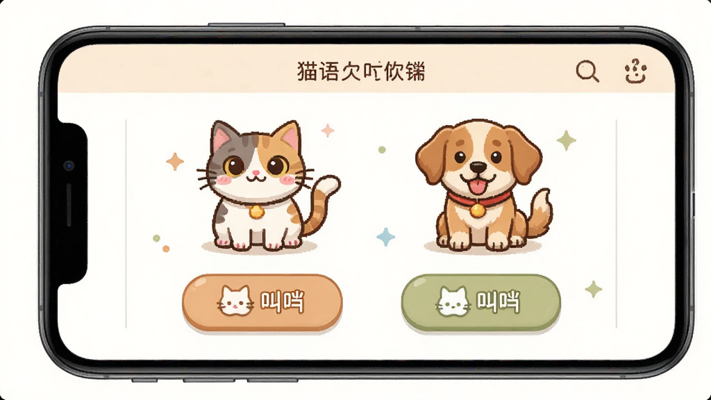 猫语宠物软件界面展示,手机屏幕显示猫咪和狗狗叫声按钮,主体居中,布局简洁清晰,排版整齐,风格卡通可爱,细节丰富,画质高清,干净无多余元素