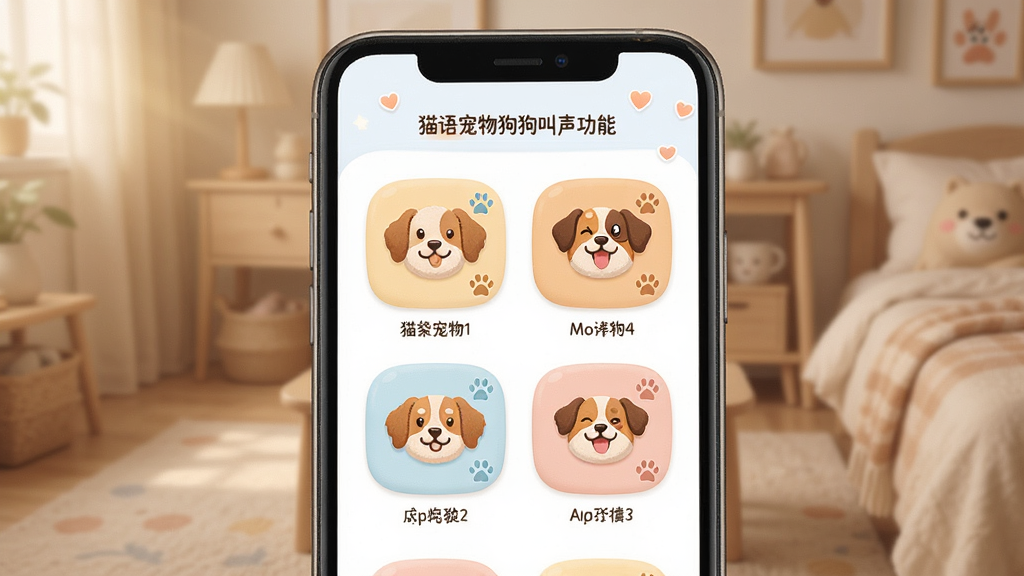 猫语宠物狗狗叫声功能页面,手机屏幕显示多种狗狗叫声图标,主体突出,布局合理,排版直观,风格温馨活泼,细节精致,画质清晰,干净无多余元素