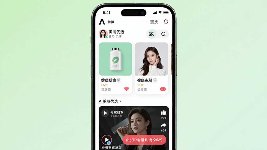һ��չʾAi������ѡApp��ҳ������ֻ�ģ��ͼ������Ϊһ�����������ֻ�����Ļ����ʾ������Ʒ�Ƽ��Ͷ���Ƶ���ݣ�����Ϊ���з����ֻ�������Ϊǳ��ɫ���䣬���Ϊ�ִ���Լ�Ƽ��磬ϸ�ڰ�����Ʒ��Ƭ������ͷ��ֱ����ť��Ԫ�أ������������ɾ����޶���Ԫ��
