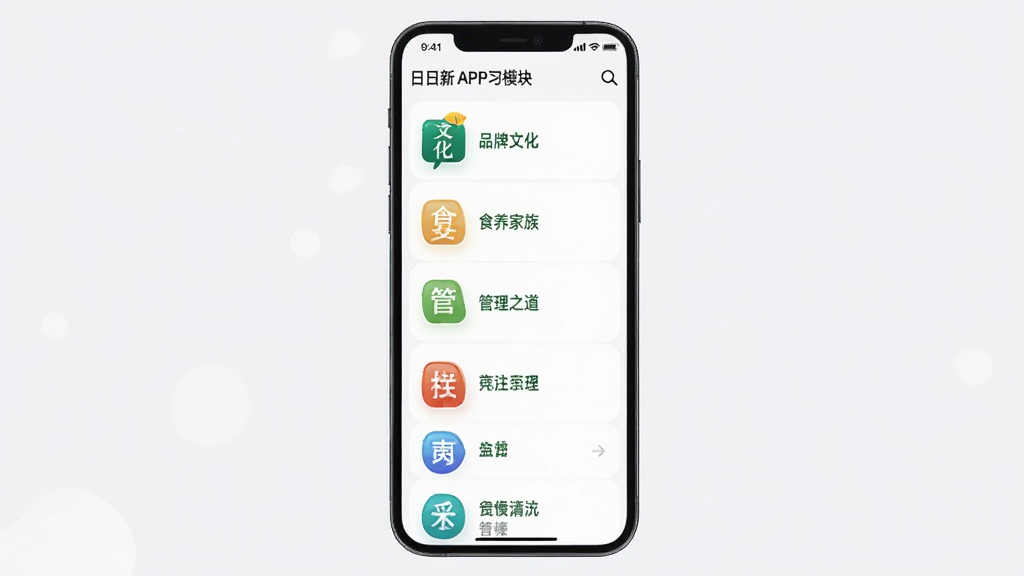 ������APPѧϰ�����ͼ��չʾ�˴�ѧϰģ���б�������Ʒ���Ļ���ʳ�����塢����֮����ͼ�꣬�ֻ���Ļ���У�ǳɫ����������ִ���񣬸��廭�ʣ��ɾ��޶���Ԫ��