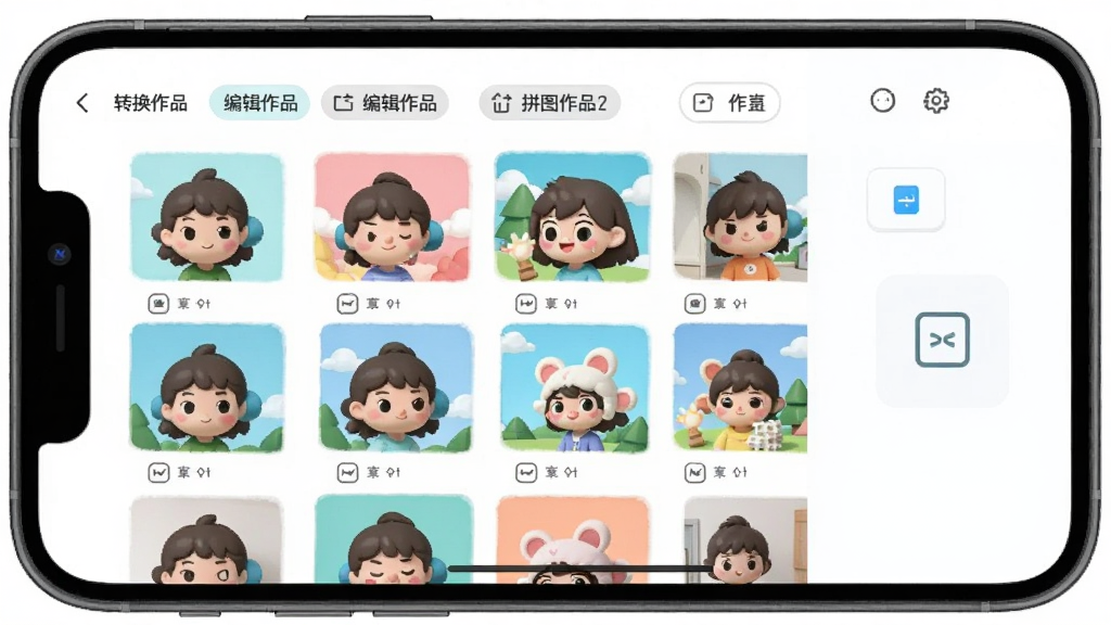 卡通头像动漫相机作品记录与回收站管理界面,主体为手机屏幕展示作品列表和回收站入口,布局清晰分行排列,风格简约清爽,细节包括转换作品、编辑作品、拼图作品分类标签,画质清晰干净无多余元素
