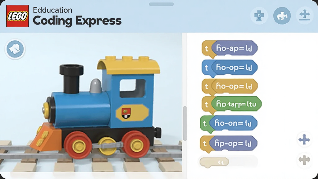 LEGO Education Coding Express ���������ͼ����ʾС�𳵺ͱ��ָ��ģ�飬��ͨ��񣬲���������ɫ����ͣ��ɾ����࣬���廭��