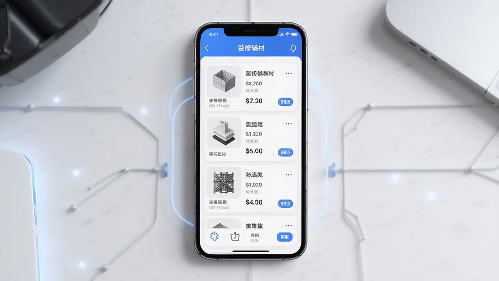 途材应用界面展示,主体为手机屏幕显示装修辅材商品列表,布局为居中展示手机,排版简洁清晰,风格为现代科技感,细节包含各类辅材图标和价格标签,画质高清,干净,无多余元素