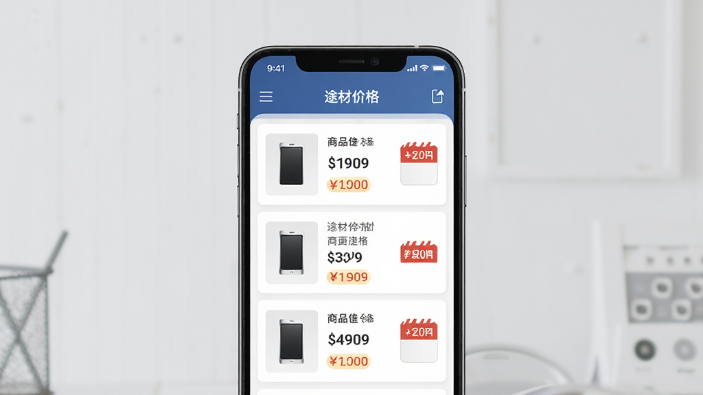 途材价格对比界面,主体为手机屏幕显示商品价格列表和优惠标签,布局为居中手机展示,排版整齐,风格为简约商务风,细节包含价格数字和促销图标,画质高清,干净,无多余元素