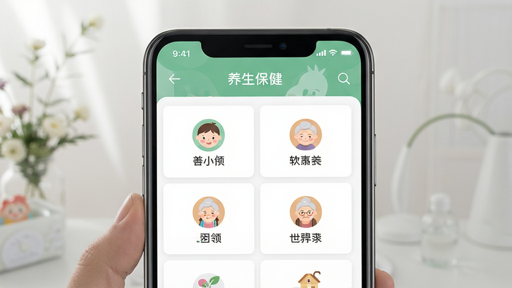 养生保健软件首页展示,主体为手机屏幕显示产品分类列表,布局清晰,排版简洁,风格现代健康,细节包含幼童与老年人图标,画质清晰,干净,无多余元素