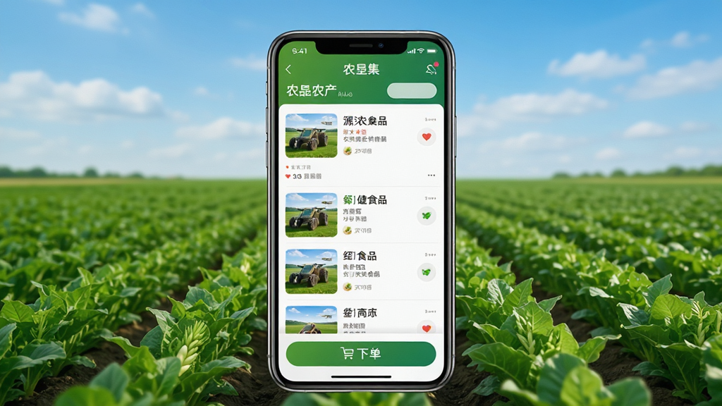 ũ�Ѽ�APP��ҳչʾũ��Դͷũ��Ʒ�뽡��ʳƷ���࣬�����������ֻ���Ļ����Ļ����ʾ�̳��б����µ���ť������Ϊ��ɫũ�������죬���������Ȼ��ϸ�����������ʸɾ��޶���Ԫ��