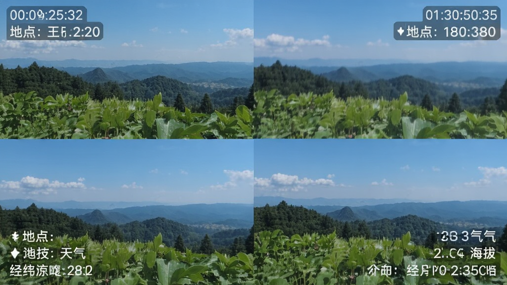 水印照片相机拍摄画面,照片四角分布时间、地点、天气、海拔、经纬度等水印信息,布局为四角环绕式排版,风格清新自然,细节中文字清晰可辨,画质干净,无多余元素