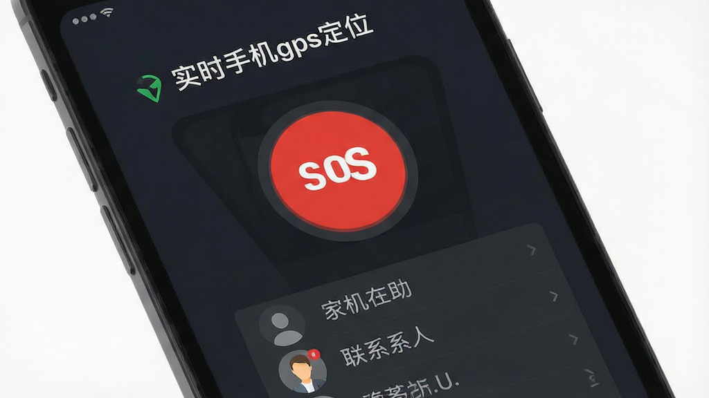 手机屏幕展示“实时手机gps定位”的SOS紧急求助按钮界面,红色圆形按钮醒目,背景为深色安全主题,布局居中,排版清晰,风格为现代扁平化设计,细节包括求助图标和联系人列表,画质清晰,干净,无多余元素