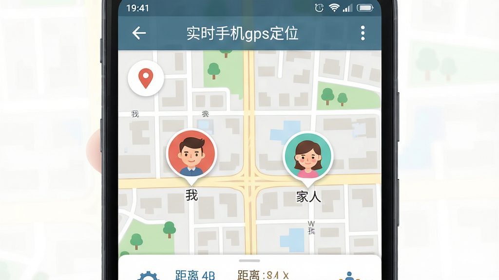 一部安卓手机屏幕显示“实时手机gps定位”地图界面,地图上有两个卡通头像标记,一个标注“我”一个标注“家人”,背景是城市街道简化地图,布局居中,排版简洁,风格为扁平化UI设计,细节包括定位图标和距离显示,画质清晰,干净,无多余元素
