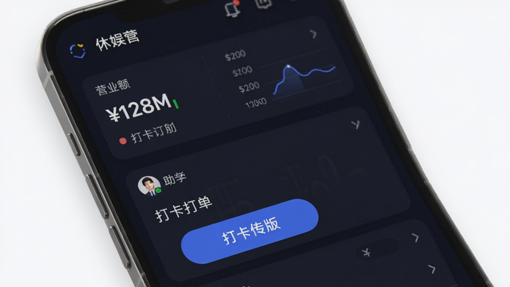 休娱有伴商家版 手机应用界面展示,主体为深色背景上的数据看板与订单列表,布局清晰,排版简洁,风格现代商务,细节包含营业额数字、助教头像、打卡按钮,画质高清,干净,无多余元素