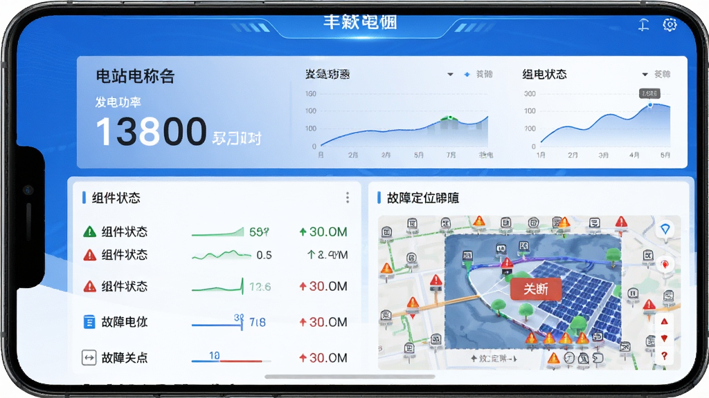 丰郅安全光伏软件界面展示,主体为手机屏幕显示光伏电站监控数据与安全告警信息,布局为上下结构,上方为电站名称与发电功率,下方为组件状态列表与故障定位地图,排版简洁清晰,风格为科技蓝白配色,细节包括数据图表、告警图标、关断按钮,画质高清,干净,无多余元素