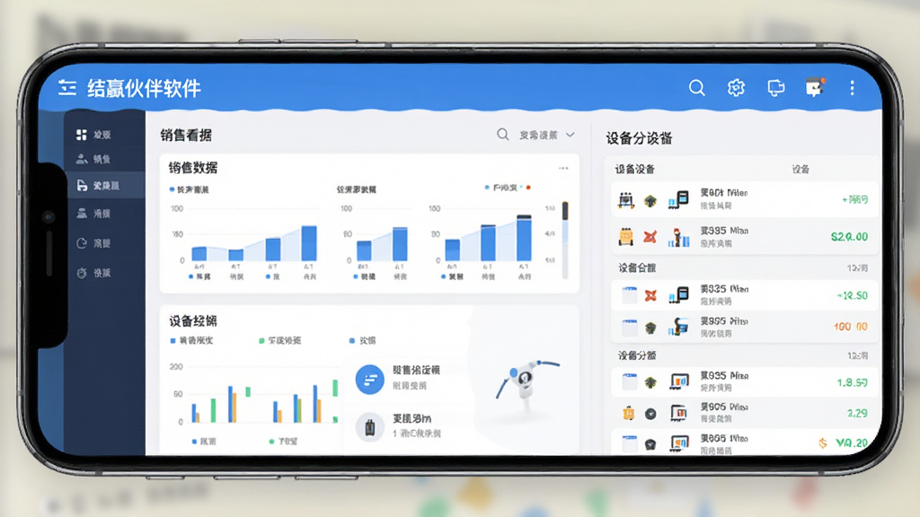 结赢伙伴软件界面截图,手机屏幕显示销售数据看板与设备列表,扁平化设计风格,蓝白配色,画面干净清晰,高清画质