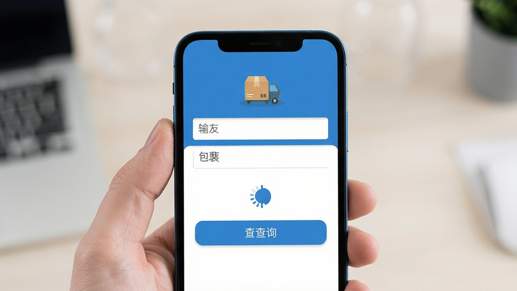 手机屏幕显示快递包裹寄取查询应用界面,主体为输入框和查询按钮,布局简洁居中,排版清晰,风格为扁平化科技蓝,细节包含快递图标和加载动画,画质高清,干净,无多余元素