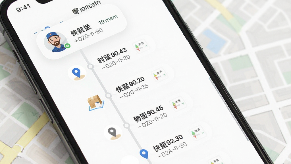 手机屏幕显示快递包裹寄取查询的物流时间轴界面,主体为竖向时间线,布局从上到下,排版工整,风格为清新简约白底,细节包含快递员头像和地图定位图标,画质清晰,干净,无多余元素