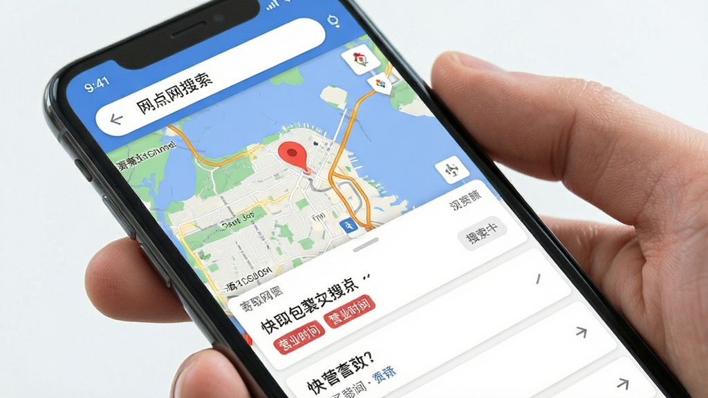 手机屏幕显示快递包裹寄取查询的地图网点搜索界面,主体为地图和列表卡片,布局上下分栏,排版直观,风格为现代生活化,细节包含红色定位标记和营业时间标签,画质明亮,干净,无多余元素