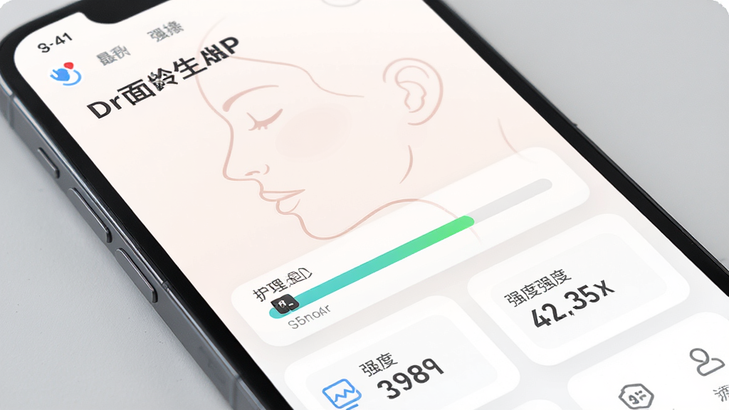 Dr面龄医生APP实时数据界面,手机屏幕展示护理进度条和强度数值,背景是柔和的面部轮廓线条,布局清晰,排版规整,风格简约现代,细节有数字和图标,画质高清,干净,无多余元素