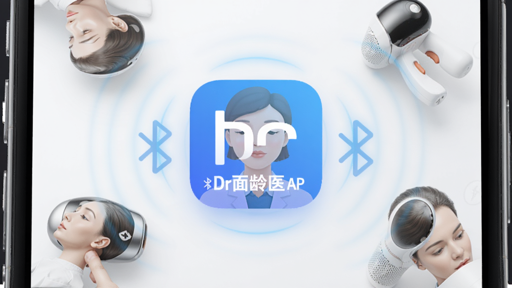 手机屏幕显示蓝牙连接成功界面,画面中央是Dr面龄医生APP图标,周围环绕面部护理仪器,布局简洁,排版居中,风格科技清新,细节有蓝色光晕和连接波纹,画质高清,干净,无多余元素