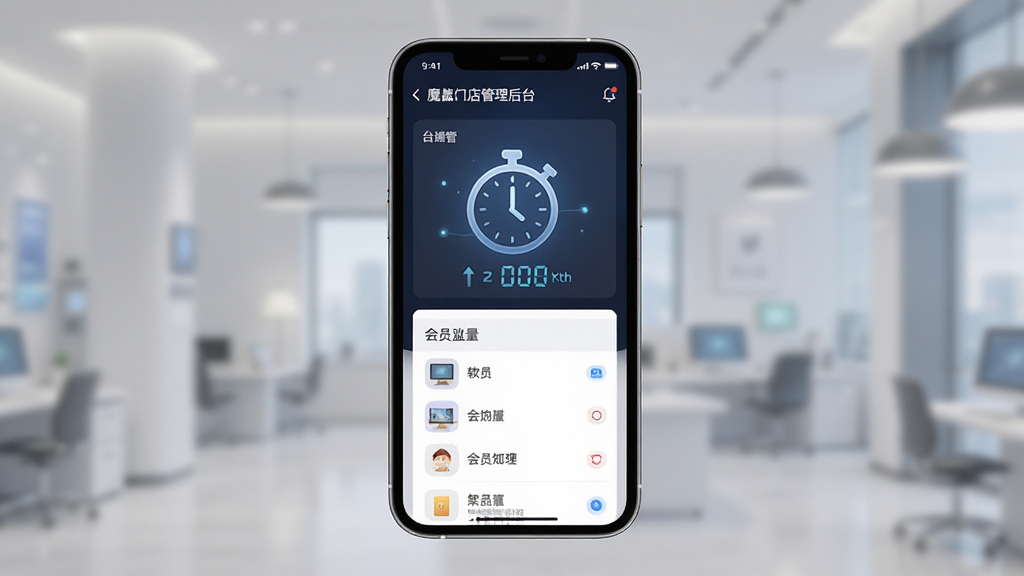 魔晶软件界面展示,主体为手机屏幕显示智慧门店管理后台,布局居中,排版清晰,风格简约科技感,细节包括计时计费图标和会员列表,画质高清干净无多余元素