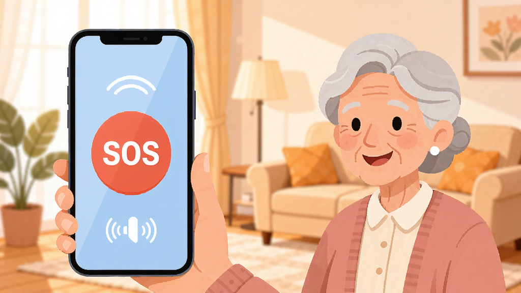 ��Ϧ�ػ�App�����棬һλ�������ڿ��������ֻ�΢Ц���ֻ���Ļ��ʾ�޴��SOS��ť����������ͼ�꣬������ܰ�Ҿӻ�����������͹��ߣ���ƽ�廭���ϸ�����������ʸɾ����޶���Ԫ��