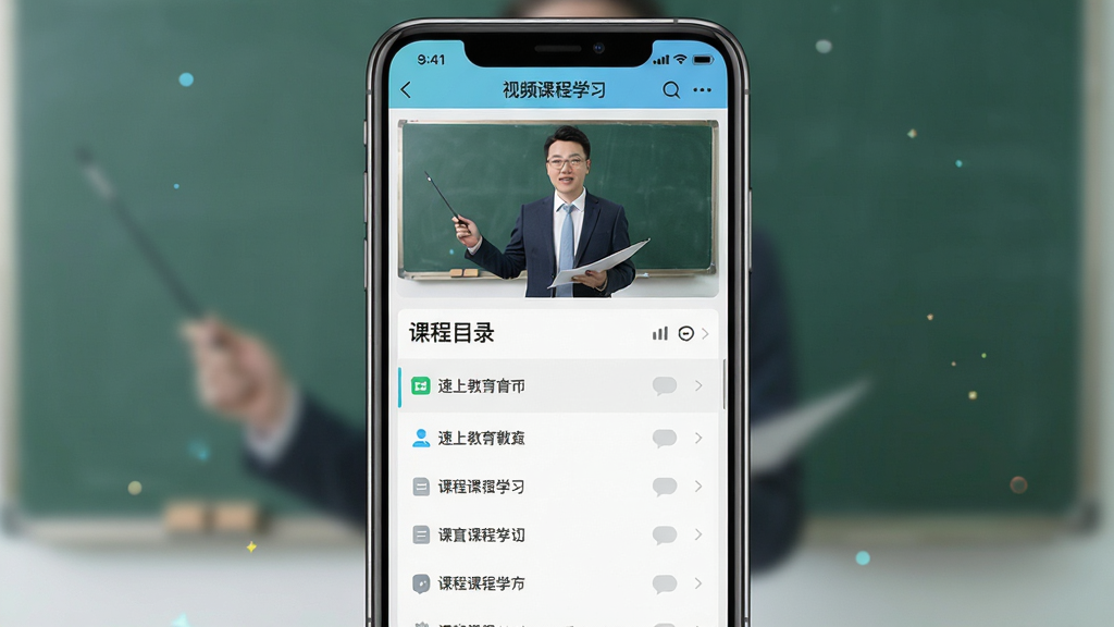 ���Ͻ���APP��Ƶ�γ�ѧϰ���棬�ֻ���Ļ��ʾ��ʦ�ڿλ�����γ�Ŀ¼�����ּ�࣬������£�ϸ�����������ʸɾ����޶���Ԫ��