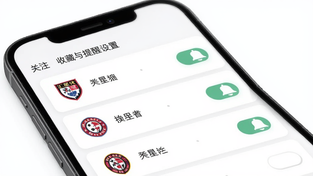 汇星体育关注收藏与提醒设置界面,主体为手机屏幕展示球队关注列表和提醒开关,布局采用卡片式列表,排版整齐,风格为清新简约风,细节包括球队徽章、开关按钮、铃铛图标,画质高清,干净,无多余元素