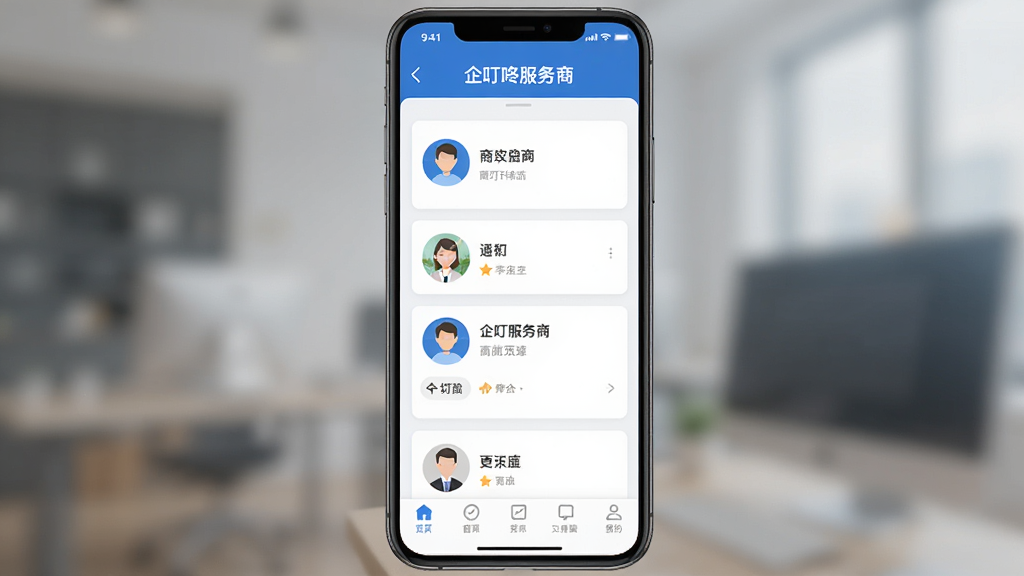 主体为一部智能手机,屏幕上显示“企叮咚服务商”应用界面,布局为上方标题栏、中间商家列表卡片、底部导航栏,排版整齐,风格为扁平化商务风,细节包括蓝色主色调、白色卡片、圆形头像图标,画质清晰,干净,无多余元素
