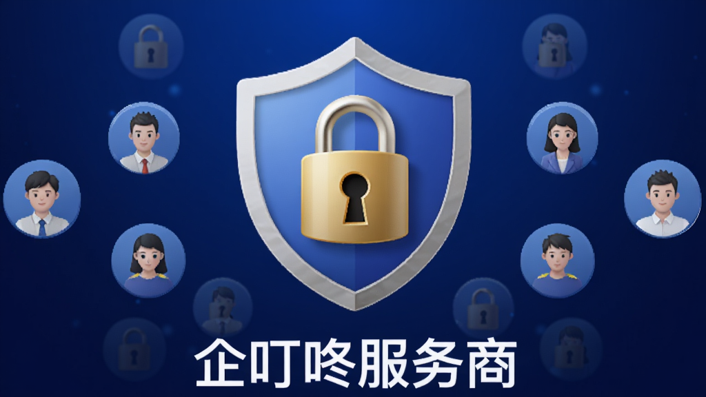 主体为“企叮咚服务商”应用的安全锁图标与盾牌元素,布局为居中盾牌,周围环绕账户头像小图标,排版简洁,风格为科技安全风,细节包括深蓝色渐变背景、金色锁扣、白色文字“企叮咚服务商”,画质清晰,干净,无多余元素