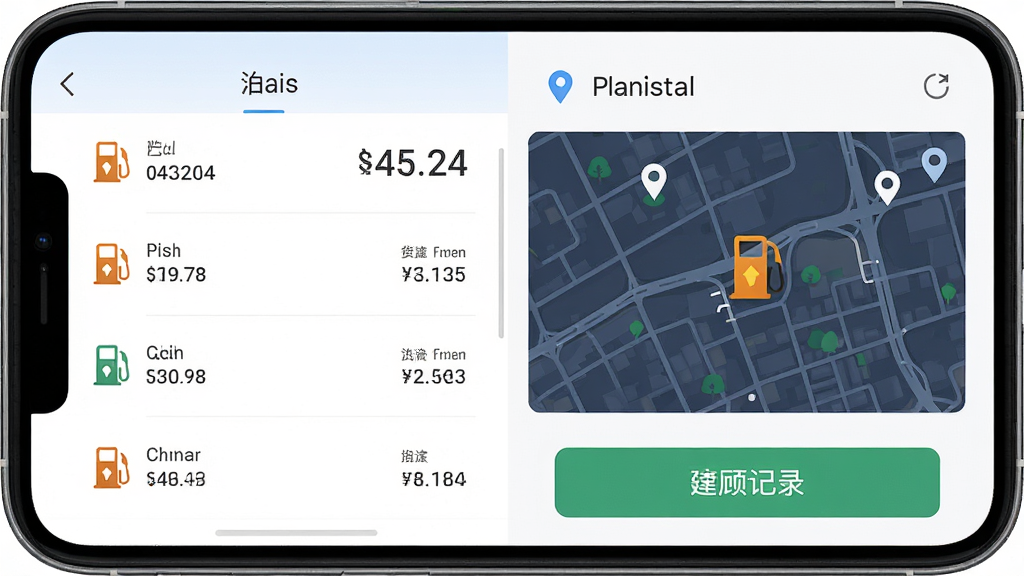 货车货运车主帮 软件界面截图,主体为手机屏幕展示油价列表和加油站地图,布局为上下分栏,排版简洁清晰,风格为现代扁平化设计,细节包含柴油价格数字、加油站图标、加油记录按钮,画质高清,干净,无多余元素