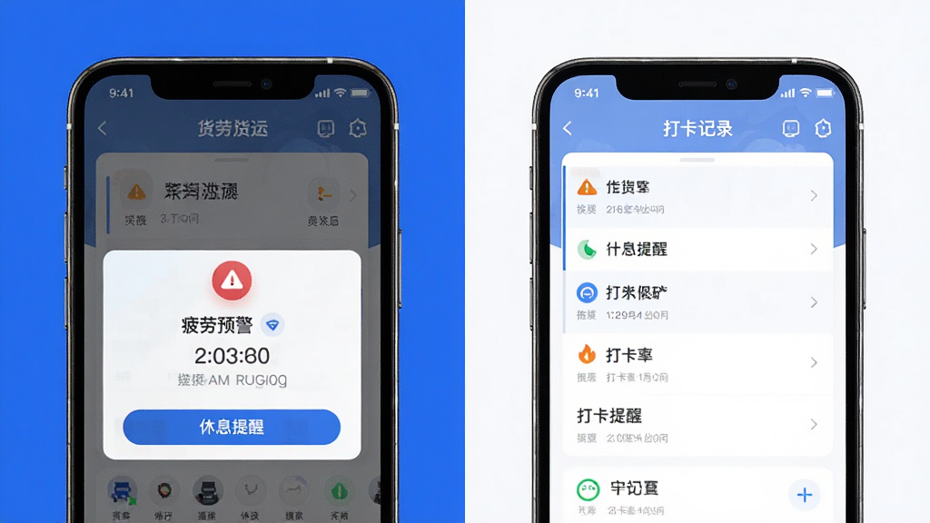 货车货运车主帮 功能展示图,主体为手机屏幕显示疲劳预警弹窗和打卡记录,布局为左右对比,排版整齐,风格为科技感UI,细节包含预警图标、时间记录、休息提醒文字,画质清晰,干净,无多余元素