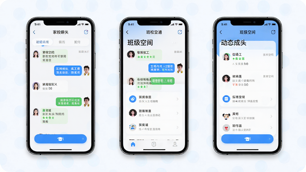 ��������ͨӦ�ý���չʾ������Ϊ�ֻ���Ļ����ʾ��У���촰�ںͰ༶�ռ䶯̬������Ϊ��̨�ֻ�����չʾ��ͬ����ҳ�棬�Ű��������򣬷��Ϊ���½����Ƽ��磬ϸ�ڰ�����ɫ��ɫ��ͼ���Բ�ǿ�Ƭ��ƣ����ʸ��壬�ɾ����޶���Ԫ��
