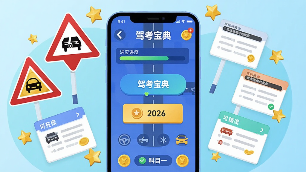 画面描绘一个游戏化的驾考学习场景,中央是放大的智能手机屏幕展示驾考宝典闯关界面,四周漂浮着交通标志、题库卡片和金色星星,布局采用环绕式构图,风格为现代扁平化科技感插画,细节包括进度条、金币和科目一文字标签,画质清晰干净无多余元素,画面中突出文字“驾考宝典”和“2026”