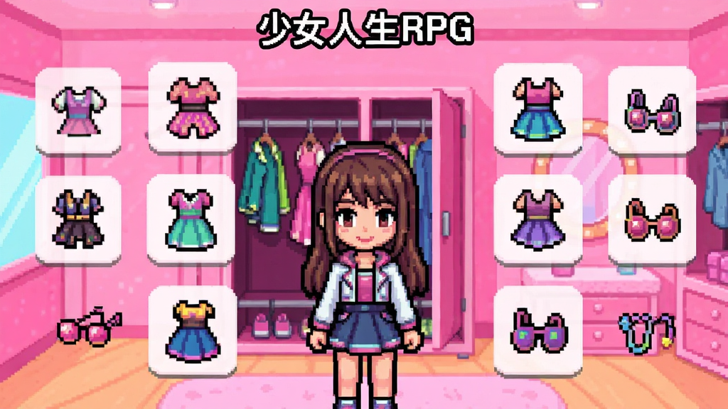 西希尼故事:少女人生RPG安装器 时尚定制界面图,像素风格女主角站在衣柜前,周围悬浮多套不同风格的服装和配饰图标,背景是明亮的粉色更衣室,动漫像素风,色彩鲜艳,干净无多余元素,高清画质