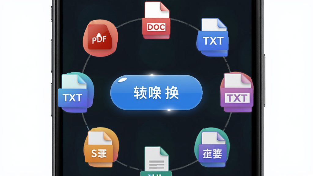 Word�ĵ�����ֻ����ʽת�����ܽ��棬����Ϊ�ֻ���Ļ������ʾת����ť��Χ����PDF��DOC��TXT�ȸ�ʽͼ�꣬����Ϊ����Χ�����İ�ť���Ű�Գƾ��⣬���Ϊ�Ƽ��б�ƽ����ϸ�ڰ�������ɫ��ͼ��߹ⰴť���ֱ�ǩ�����������ɾ��޶���Ԫ��