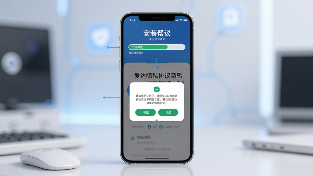 爱达帮手下载安装流程展示,主体为手机屏幕显示安装进度条和隐私弹窗,布局为手机正视图居中,排版为上下分步展示,风格为明亮简洁的科技风格,细节包括安装按钮、隐私协议文字、同意按钮,画质高清干净无多余元素