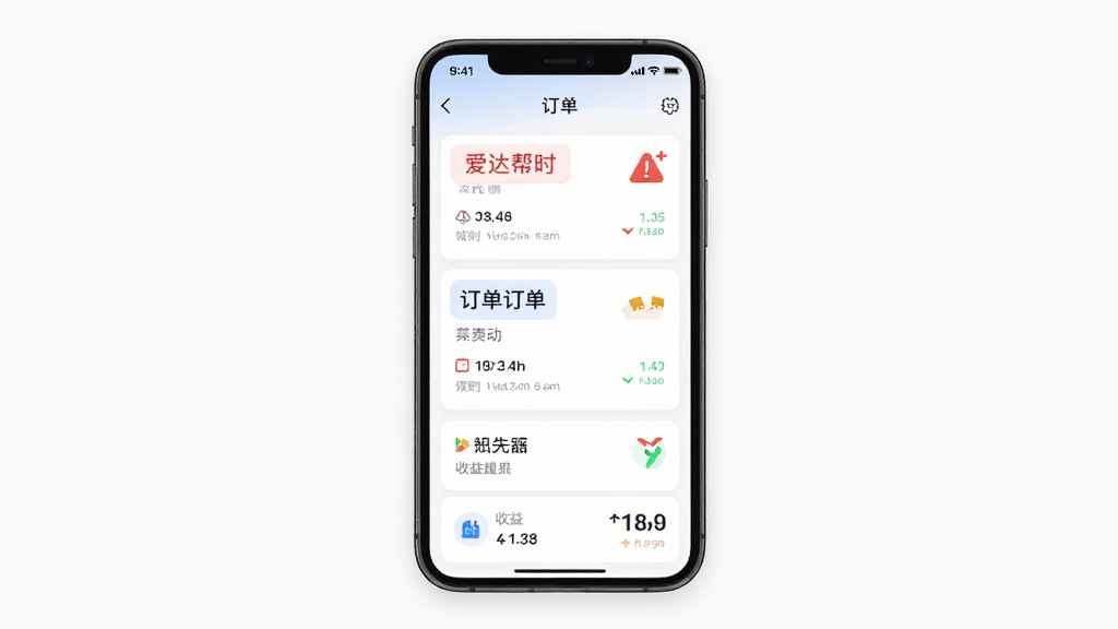 爱达帮手软件界面展示,主体为手机屏幕显示配送订单列表,布局为居中手机正视图,排版简洁清晰,风格为现代科技感扁平化设计,细节包括订单卡片、超时提醒红色标识、收益数据小图标,画质高清干净无多余元素