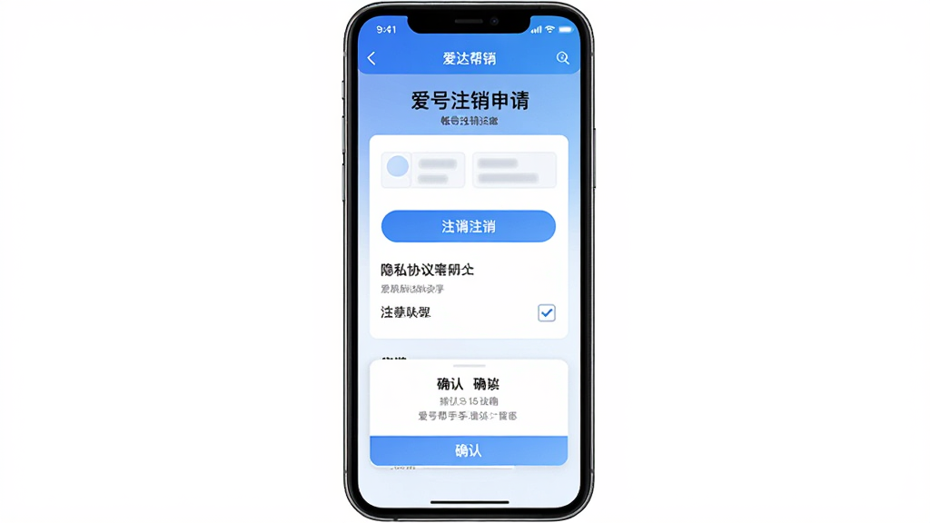爱达帮手功能界面展示,主体为手机屏幕显示帐号注销申请页面,布局为手机正视图居中,排版为表单式布局,风格为清爽简约的蓝色调UI设计,细节包括注销按钮、隐私协议勾选框、确认弹窗,画质高清干净无多余元素