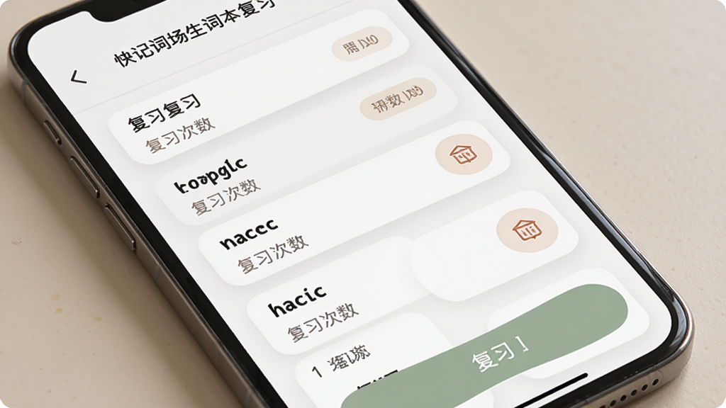 ��Ǵʳ����ʱ���ϰ���棬����Ϊ�ֻ���Ļչʾ�����б��븴ϰ��ť������Ϊ�б�ʽ�Ű棬���Ϊ���Բ�ǿ�Ƭ�磬ϸ�ڰ������ʿ�Ƭ����ϰ������ǡ�ɾ����ť�������������ɾ����޶���Ԫ��