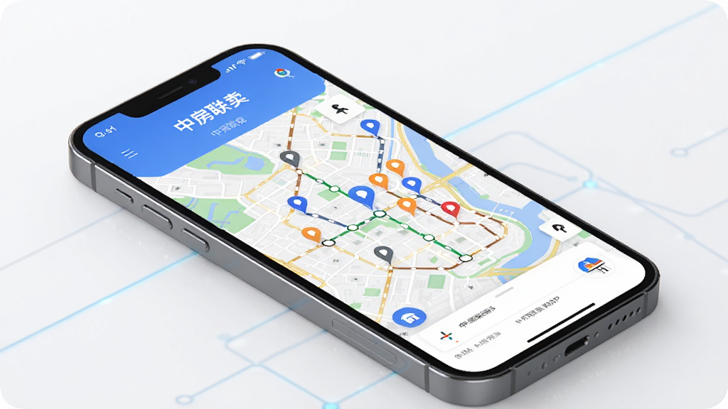 �з�����APP����չʾ������Ϊ�ֻ���Ļ�еĵ�ͼ�ҷ�ҳ�棬����Ϊ���е��ֻ�ģ�ͣ��Ű��࣬���Ϊ�ִ��Ƽ��У�ϸ�ڰ�����ͼ�ϵķ�Դ��Ǻ͵�����·�������������ɾ����޶���Ԫ��