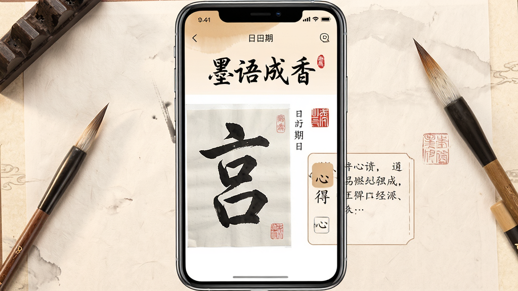 һ��չʾ�ֻ�App�����ͼƬ�������������鷨��Ʒ����ҳ�棬�Ϸ��С�ī����㡱App���ƣ��·�չʾһ�ſ���������Ʒ��Ƭ���Ա��������ڱ�ǩ���ĵ����ֿ����岼�ּ������������ůɫ����ʽˮī���ϸ�ڰ���ë�ʡ���ֽ�����͵���ӡ��Ԫ�أ����ʸ���ɾ����޶�������Ԫ��