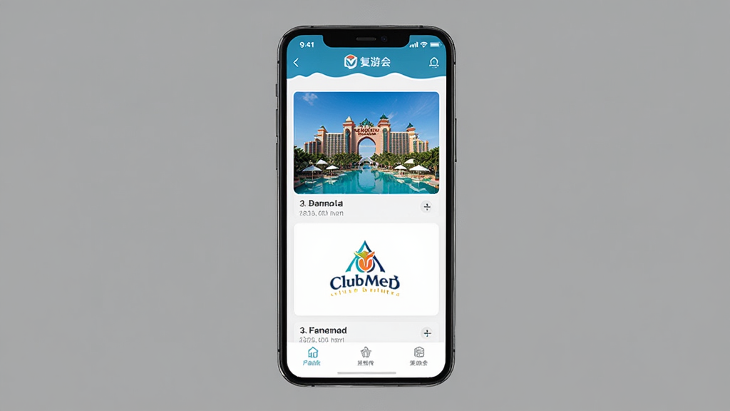 ���λ�APP����չʾ������Ϊ�ֻ���Ļ��ʾ�ȼٲ�Ʒ�б������־��У��Ű�����������ִ���Լ��ϸ�ڰ���������������˹�Ƶ�ͼƬ��Club Med��־�����ʸ��壬�ɾ����޶���Ԫ��