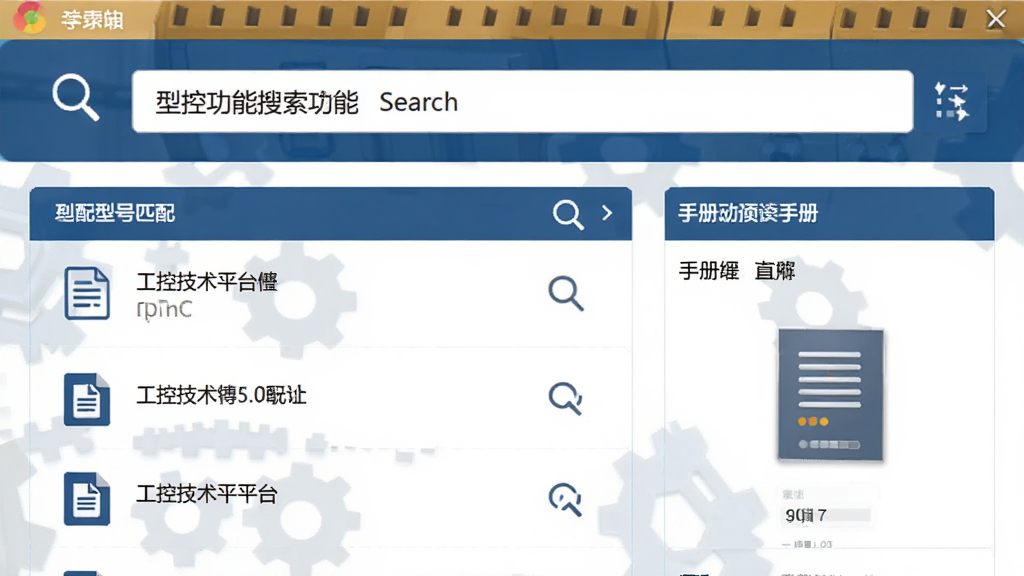工控技术平台搜索功能界面,主体为搜索框与结果列表,布局顶部为搜索栏中部为型号匹配结果右侧为手册预览,排版简洁,风格专业工业风,细节包含搜索图标与文档图标,画质清晰,干净,无多余元素