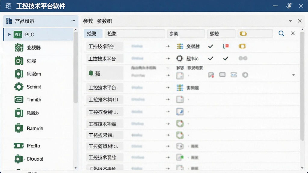 工控技术平台软件界面截图,主体为工业自动化产品分类列表,布局左侧为产品目录右侧为参数详情,排版清晰,风格科技简约,细节包含PLC、变频器、伺服等图标,画质清晰,干净,无多余元素